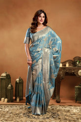 India Silk Sky Blue Sarees Showcase A Rich Pallu Adorned With Intricate Zhallar Work Blending Traditional Craftsmanship